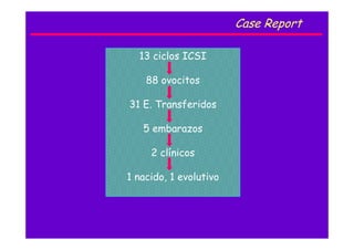 Case Report
13 ciclos ICSI
88 ovocitos
31 E. Transferidos
5 embarazos
2 clínicos
1 nacido, 1 evolutivo