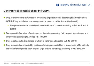 • Heuking Kühn Lüer Wojtek •
General Requirements under the GDPR
13.06.2017 DVFA Life Science Conference 2017 4
 Duty to examine the lawfulness of processing of personal data according to Articles 6 and 9
GDPR (Every act of data processing must be based on a Section which allows it)
 Compliance with the provisions for declarations of consent according to Articles 7 and 8
GDPR
 Transparent information of customers on the data processing (with respect to customers and
employees) according to Articles 13,14 GDPR
 Duty to delete data, the storage of which is no longer admissible (Art. 17 GDPR)
 Duty to make data provided by customers/employees available– in a conventional format – to
the customer/employee upon request (right to data portability) according to Art. 20 GDPR
 