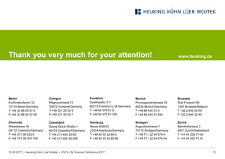 • Heuking Kühn Lüer Wojtek •
Berlin
Kurfürstendamm 32
10719 Berlin/Germany
T +49 30 88 00 97-0
F +49 30 88 00 97-99
Chemnitz
Weststrasse 16
09112 Chemnitz/Germany
T +49 371 38 203-0
F +49 371 38 203-100
Düsseldorf
Georg-Glock-Straße 4
40474 Düsseldorf/Germany
T +49 211 600 55-00
F +49 211 600 55-050
Frankfurt
Goetheplatz 5-7
60313 Frankfurt a. M./Germany
T +49 69 975 61-0
F +49 69 975 61-200
Hamburg
Neuer Wall 63
20354 Hamburg/Germany
T +49 40 35 52 80-0
F +49 40 35 52 80-80
Cologne
Magnusstrasse 13
50672 Cologne/Germany
T +49 221 20 52-0
F +49 221 20 52-1
Munich
Prinzregentenstrasse 48
80538 Munich/Germany
T +49 89 540 31-0
F +49 89 540 31-540
Stuttgart
Augustenstrasse 1
70178 Stuttgart/Germany
T +49 711 22 04 579-0
F +49 711 22 04 579-44
Brussels
Rue Froissart 95
1040 Brussels/Belgium
T +32 2 646 20-00
F +32 2 646 20-40
Zurich
Bahnhofstrasse 3
8001 Zurich/Switzerland
T +41 44 200 71-00
F +41 44 200 71-01
www.heuking.de
13.06.2017 DVFA Life Science Conference 2017 12
Thank you very much for your attention!
 