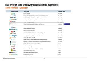 26Private and Confidential
Company Name Short Profile Creathor’s Role
Mobile testing Co‐lead
Developer of the world’s smartest connected bike system Co‐lead
Multi‐modal travel booking platform Investor
Meta‐search and booking platform for rental cars Co‐lead
Mobile job marketplace Co‐lead
Mobile corporate e‐health solution and platform Investor
Indoor navigation solution Investor
Digital insurance manager Investor
International B2B online sales and marketing tool Co‐lead
Ai‐enhanced marketplace for expert translations Co‐lead
Mobile app (brain training) Co‐lead
Market place for local crowd‐sourced service ecosystem Investor
Machine‐to‐machine communication for industrial applications Co‐lead
Mobile shopping and payment platform Lead
Mobile advertising Lead
Online referral marketing software & services Lead
Video marketing platform Lead
Web based sales support system Lead
Hotel booking solution Lead
Heyjobs
Lead investor or CO-Lead investor in majority of investments
Active Portfolio - Technology
 