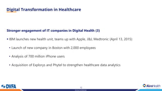 12
Strictly Confidential
Stronger engagement of IT companies in Digital Health (3)
▪ IBM launches new health unit, teams up with Apple, J&J, Medtronic (April 13, 2015)
• Launch of new company in Boston with 2,000 employees
• Analysis of 700 million iPhone users
• Acquisition of Explorys and Phytel to strengthen healthcare data analytics
 