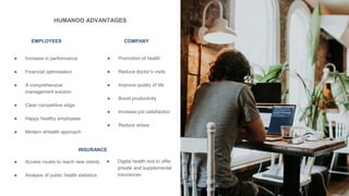 HUMANOO ADVANTAGES
● Increase in performance
● Financial optimisation
● A comprehensive
management solution
● Clear competitive edge
● Happy healthy employees
● Modern eHealth approach
COMPANY
● Promotion of health
● Reduce doctor’s visits
● Improve quality of life
● Boost productivity
● Increase job satisfaction
● Reduce stress
EMPLOYEES
INSURANCE
● Digital health tool to offer
private and supplemental
insurances
● Access routes to reach new clients
● Analysis of public health statistics
 