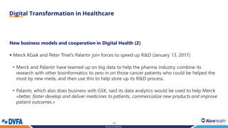 15
Strictly Confidential
New business models and cooperation in Digital Health (2)
▪ Merck KGaA and Peter Thiel’s Palantir join forces to speed up R&D (January 13, 2017)
• Merck and Palantir have teamed up on big data to help the pharma industry combine its
research with other bioinformatics to zero in on those cancer patients who could be helped the
most by new meds, and then use this to help store up its R&D process.
• Palantir, which also does business with GSK, said its data analytics would be used to help Merck
«better, faster develop and deliver medicines to patients, commercialize new products and improve
patient outcomes.»
 