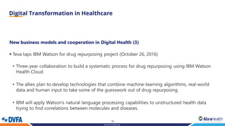 16
Strictly Confidential
New business models and cooperation in Digital Health (3)
▪ Teva taps IBM Watson for drug repurposing project (October 26, 2016)
• Three-year collaboration to build a systematic process for drug repurposing using IBM Watson
Health Cloud.
• The allies plan to develop technologies that combine machine-learning algorithms, real-world
data and human input to take some of the guesswork out of drug repurposing.
• IBM will apply Watson’s natural language processing capabilities to unstructured health data
trying to find correlations between molecules and diseases.
 