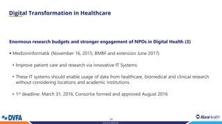 24
Strictly Confidential
Enormous research budgets and stronger engagement of NPOs in Digital Health (3)
▪ Medizininformatik (November 16, 2015, BMBF and extension June 2017)
• Improve patient care and research via innovative IT Systems
• These IT systems should enable usage of data from healthcare, biomedical and clinical research
without considering locations and academic institutions.
• 1st deadline: March 31, 2016, Consortia formed and approved August 2016
 