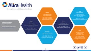 35
Strictly Confidential
USA
BOSTON
1 GRANT STREET,
SUITE 400 FRAMINGHAM, BOSTON,
MA, 01702 USA
TEL +1 (774) 777 5255
BOSTON@ALIRAHEALTH.COM
SPAIN
CASAFRANCA 38,
08017 BARCELONA, SPAIN
TEL +34 (93) 406 71 71
BARCELONA@ALIRAHEALTH.COM
FRANCE
31 RUE DE MONCEAU,
75008 PARIS, FRANCE
TEL +33 (0)1 44 54 96 23
FAX +33 (0)1 44 54 90 20
PARIS@ALIRAHEALTH.COM
ITALY
VIA CARLO OTTAVIO
CORNAGGIA 10,
20123 MILAN, ITALY
TEL +39 (02) 36680198
FAX +39 (02) 94 19 50 07
MILAN@ALIRAHEALTH.COM
GERMANY
KURFÜ̈RSTENSTRAßE 22,
80801 MUNICH, GERMANY
TEL +49 (89) 416 14 22-0
FAX +49 (89) 416 14 22-99
MUNICH@ALIRAHEALTH.COM
USA
SAN FRANCISCO
101 MONTGOMERY ST,
SUITE 2300, SAN FRANCISCO,
CA, 94104 USA
TEL +1 (774) 777 5255
SANFRANCISCO@ALIRAHEALTH.COM
THANK YOU VERY MUCH
FOR YOUR ATTENTION!
Dr. Martin Pöhlchen, Partner, Germany
martin.poehlchen@alirahealth.com
 