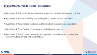 37
Strictly Confidential
Digital Health Trends (Panel I discussion)
▪ Hypothesis 1: The barrier between healthy beings and patients will become obsolete.
▪ Hypothesis 2: From monitoring only to diagnosis, prevention and treatment
▪ Hypothesis 3: Personalized medicine and longitudinal studies become standard.
▪ Hypothesis 4: From “wellness” tracking to medical grade devices
▪ Hypothesis 5: From “classic” wearables to ingestible, transdermal and implantable
sensors/medical devices and combinations
 