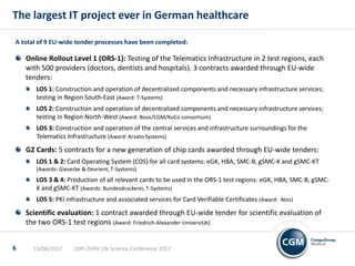 The largest IT project ever in German healthcare
A total of 9 EU-wide tender processes have been completed:
Online Rollout Level 1 (ORS-1): Testing of the Telematics Infrastructure in 2 test regions, each
with 500 providers (doctors, dentists and hospitals). 3 contracts awarded through EU-wide
tenders:
LOS 1: Construction and operation of decentralized components and necessary infrastructure services;
testing in Region South-East (Award: T-Systems)
LOS 2: Construction and operation of decentralized components and necessary infrastructure services;
testing in Region North-West (Award: Booz/CGM/KoCo consortium)
LOS 3: Construction and operation of the central services and infrastructure surroundings for the
Telematics Infrastructure (Award: Arvato Systems)
G2 Cards: 5 contracts for a new generation of chip cards awarded through EU-wide tenders:
LOS 1 & 2: Card Operating System (COS) for all card systems: eGK, HBA, SMC-B, gSMC-K and gSMC-KT
(Awards: Giesecke & Devrient, T-Systems)
LOS 3 & 4: Production of all relevant cards to be used in the ORS-1 test regions: eGK, HBA, SMC-B, gSMC-
K and gSMC-KT (Awards: Bundesdruckerei, T-Systems)
LOS 5: PKI infrastructure and associated services for Card Verifiable Certificates (Award: Atos)
Scientific evaluation: 1 contract awarded through EU-wide tender for scientific evaluation of
the two ORS-1 test regions (Award: Friedrich-Alexander-Universität)
10th DVFA Life Science Conference 201713/06/20176
 