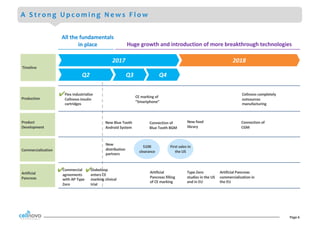 Page	6
A S t r o n g U p c o m i n g N e w s F l o w
20182017
Flex	industrialize	
Cellnovo	insulin	
cartridges
Q2 Q3 Q4
Commercial	
agreements	
with	AP	Type	
Zero
Diabeloop
enters	CE	
marking	clinical	
trial
New	
distribution	
partners
New	Blue	Tooth	
Android	System
510K	
clearance
Artificial	
Pancreas	filling	
of	CE	marking
First	sales	in	
the	US
CE	marking	of	
“Smartphone”
Connection	of	
Blue	Tooth	BGM
Type	Zero	
studies	in	the	US	
and	in	EU
Artificial	Pancreas	
commercialization	in	
the	EU
Cellnovo	completely	
outsources	
manufacturing
Connection	of	
CGM
New	food	
library
✔
✔ ✔
All	the	fundamentals	
in	place Huge	growth	and	introduction	of	more	breakthrough	technologies
Production
Product	
Development
Commercialization	
Artificial	
Pancreas
Timeline
 