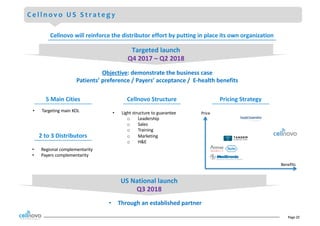 Page	22
C e l l n o v o U S S t r a t e g y
Targeted	launch	
Q4	2017	– Q2	2018
• Targeting	main	KOL
• Regional	complementarity
• Payers	complementarity
Objective:	demonstrate	the	business	case
Patients’	preference	/	Payers’	acceptance	/		E-health	benefits
• Light	structure	to	guarantee
o Leadership
o Sales	
o Training
o Marketing
o H&E
US	National	launch	
Q3	2018
• Through	an	established	partner
Benefits
Price
Cellnovo	will	reinforce	the	distributor	effort	by	putting	in	place	its	own	organization
5	Main	Cities Cellnovo	Structure Pricing	Strategy
2	to	3	Distributors
 