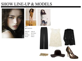 STYLING PLAN: MAKE-UP PLANLips:Red matte lips Eyes:Lavender powder eye shadow, cream eye shadow as highlight, white eye shadow on tear ducts, black liquid liner on top lash line, white eye liner on bottom water line ,black mascara on upper and lower lashes, brown eye shadow under bottom lashes Cheeks: Matte bronzer under cheek bones to define Brows:“Pin-up” brow, defined arch, filled in with                       appropriate shade Skin:Liquid foundation with translucent powder to finish 