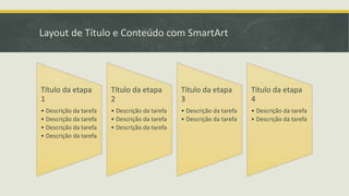Layout de Título e Conteúdo com SmartArt
Título da etapa
1
• Descrição da tarefa
• Descrição da tarefa
• Descrição da tarefa
• Descrição da tarefa
Título da etapa
2
• Descrição da tarefa
• Descrição da tarefa
• Descrição da tarefa
Título da etapa
3
• Descrição da tarefa
• Descrição da tarefa
Título da etapa
4
• Descrição da tarefa
• Descrição da tarefa
 
