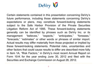 Certain statements contained in this presentation concerning DeVry’s
future performance, including those statements concerning DeVry’s
expectations or plans, may constitute forward-looking statements
subject to the Safe Harbor Provision of the Private Securities
Litigation Reform Act of 1995. These forward-looking statements
generally can be identified by phrases such as DeVry Inc. or its
management “believes,” “expects,” “anticipates,” “foresees,”
“forecasts,” “estimates” or other words or phrases of similar import.
Actual results may differ materially from those projected or implied by
these forward-looking statements. Potential risks, uncertainties and
other factors that could cause results to differ are described more fully
in Item 1A, “Risk Factors,” in DeVry’s most recent Annual Report on
Form 10-K for the year ending June 30, 2012 and filed with the
Securities and Exchange Commission on August 28, 2012.

                                    2
 