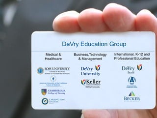



                 DeVry Education Group
    Medical &       Business,Technology   International, K-12 and
    Healthcare        & Management        Professional Education




                      3
 