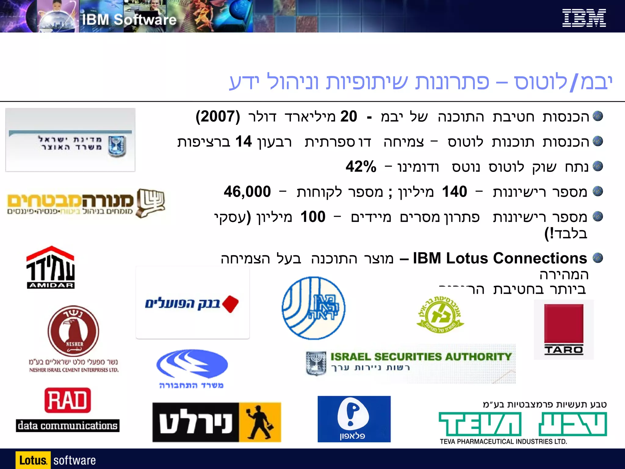 יבמ / לוטוס – פתרונות שיתופיות וניהול ידע הכנסות חטיבת התוכנה של יבמ  -  20  מיליארד דולר  (2007) הכנסות תוכנות לוטוס – צמיחה דו ספרתית רבעון  14  ברציפות נתח שוק לוטוס נוטס ודומינו –  42% מספר רישיונות –  140  מיליון  ;  מספר לקוחות –  46,000  מספר רישיונות פתרון מסרים מיידים –  100  מיליון  ( עסקי בלבד !) IBM Lotus Connections  –  מוצר התוכנה בעל הצמיחה המהירה  ביותר בחטיבת התוכנה 