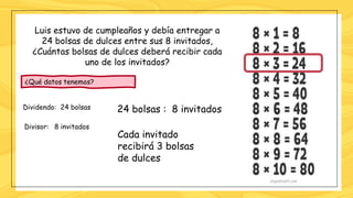 ¿Qué datos tenemos?
Divisor:
Dividendo:
Luis estuvo de cumpleaños y debía entregar a
24 bolsas de dulces entre sus 8 invitados,
¿Cuántas bolsas de dulces deberá recibir cada
uno de los invitados?
24 bolsas
8 invitados
24 bolsas : 8 invitados
Cada invitado
recibirá 3 bolsas
de dulces
 