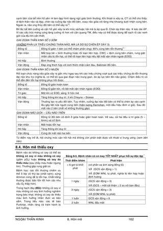NGOAÏI THAÀN KINH 8. Hoân meâ 162
caïnh beân cuûa beå treân hoá yeân  laøm deïp hình daïng nguõ giaùc bình thöôøng. Khi thoaùt vò xaûy ra, CT coù theå cho thaáy:
di leäch thaân naõo vaø deïp, cheøn eùp cuoáng ñaïi naõo ñoái beân, xoay naõo giöõa vôùi taêng nheï khoang döôùi nheän cuøng beân.
Ngoaøi ra, naõo uùng thuûy ñoái beân coù theå xaûy ra13
.
Bít taéc beå lieân cuoáng vaø caän hoá yeân xaûy ra khi moùc vaø/hoaëc haûi maõ bò eùp qua loã. Cheøn eùp thaân naõo  keùo daøi AP.
Vì caùc caáu truùc maøng cöùng taêng cöôøng roõ hôn vôùi caûn quang TM, ñieàu naøy coù theå ñöôïc duøng ñeå vaïch roõ caùc ranh
giôùi cuûa leàu khi caàn thieát.
GIAI ÑOAÏN THAÀN KINH SOÁ 3 SÔÙM
(KHOÂNG PHAÛI LAØ TRIEÄU CHÖÙNG THAÂN NAÕO, MAØ LAØ DO SÖÏ CHEØN EÙP DAÂY 3)
Ñoàng töû Ñoàng töû giaõn 1 beân (coù theå chaäm phaûn öùng); 85% cuøng beân toån thöông11
Vaän nhaõn Maét buùp beâ = bình thöôøng hoaëc roái loaïn lieân hôïp. CWC = leäch cuøng beân chaäm, rung giaät
nhaõn caàu bò toån haïi, coù theå roái loaïn lieân hôïp neáu lieät maét vaän nhaõn ngoaøi (EOO)
Hoâ haáp Bình thöôøng
Vaän ñoäng Ñaùp öùng thích hôïp vôùi kích thích nhaän caûm ñau. Babinski ñoái beân.
GIAI ÑOAÏN THAÀN KINH SOÁ 3 MUOÄN
Roái loaïn chöùc naêng naõo giöõa xaûy ra gaàn nhö ngay sau khi caùc trieäu chöùng vöôït quaù caùc trieäu chöùng do toån thöông
ñaïi naõo khu truù (nghóa laø, coù theå boû qua giai ñoaïn naõo trung gian, do aùp löïc beân leân naõo giöõa). Chaäm ñieàu trò coù
theå daãn ñeán toån haïi khoâng phuïc hoài ñöôïc.
Ñoàng töû Ñoàng töû giaõn hoaøn toaøn
Vaän nhaõn Ñoàng töû giaõn lôùn, roài lieät maét vaän nhaõn ngoaøi (EOO)
Tri giaùc Moät khi coù EOO, saûng  hoân meâ
Hoâ haáp Taêng thoâng khí duy trì, ít khi Cheyne – Stokes
Vaän ñoäng Thöôøng taïo ra yeáu ñoái beân. Tuy nhieân, cuoáng ñaïi naõo ñoái beân coù theå bò cheøn eùp vaøo caïnh
leàu gaây lieät nöûa ngöôøi cuøng beân (hieän töôïng Kernohan, moät daáu hieäu ñònh vò giaû). Sau ñoù
maát naõo 2 beân (maát voû khoâng thöôøng gaëp)
GIAI ÑOAÏN NAÕO GIÖÕA – CAÀU NAÕO TREÂN
Ñoàng töû Ñoàng töû ñoái beân coá ñònh ôû giöõa hoaëc giaõn hoaøn toaøn. Veà sau, caû hai ñeàu vò trí giöõa (5 –
6mm) vaø coá ñònh
Vaän nhaõn Maát hoaëc toån haïi
Hoâ haáp Taêng thoâng khí duy trì
Vaän ñoäng Cöùng ñô maát naõo hai beân
Töø ñieåm naøy trôû ñi, hoäi chöùng moùc caän hoài haûi maõ khoâng coøn phaân bieät ñöôïc vôùi thoaùt vò trung öông (xem beân
treân)
8.4. Hoân meâ thieáu oxy
Beänh naõo do khoâng coù oxy coù theå do
khoâng coù oxy vì maùu khoâng coù oxy
(giaûm pO2) hoaëc khoâng coù oxy do
thieáu maùu (sau chaûy maùu hoaëc ngöng
tim). Thöôøng gaëp rung giaät cô.
Beänh hoïc: caùc toån thöông chieám öu
theá ôû lôùp voû thöù ba (chaát xaùm); söøng
Ammon cuõng deã bò toån haïi. Chaát traéng
thöôøng ñöôïc baûo toàn toát hôn (do nhu
caàu O2 thaáp hôn).
Trong haïch ñaùy (BG): khoâng coù oxy vì
maùu khoâng coù oxy aûnh höôûng nghieâm
troïng beøo nhaït, khoâng coù oxy do thieáu
maùu aûnh höôûng nhaân ñuoâi vaø beøo
saãm. Trong tieåu naõo: caùc teá baøo
Purkinje, nhaân raêng vaø traùm haønh bò
aûnh höôûng.
Baûng 8-5. Beänh nhaân coù cô may TOÁT NHAÁT phuïc hoài söï ñoäc laäp *
Thôøi ñieåm khaùm Phaùt hieän
< 6 giôø töø khôûi
phaùt
(coù phaûn xaï aùnh saùng ñoàng töû)
VAØ (GCS vaän ñoäng > 1)
VAØ (EOM WNL töï phaùt, nghóa laø lieân hôïp hoaëc
ñònh höôùng
1 ngaøy (GCS vaän ñoäng > 3)
VAØ (GCS – maét caûi thieän ≥ 2 so vôùi ban ñaàu)
3 ngaøy (GCS vaän ñoäng > 3)
VAØ (EOM WNL töï phaùt)
1 tuaàn GCS vaän ñoäng = 6
2 tuaàn WNL ñaàu maét
 