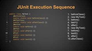 JUnit Execution Sequence
1 public class MyTest {
2 @BeforeClass
3 public static void beforeClass() {}
4 @AfterClass
5 public static void afterClass() {}
6 @Before
7 public void before() {}
8 @After
9 public void after() {}
10 @Test
11 public void test1() {}
12 @Test
13 public void test2() {}
14 }
1. beforeClass()
2. new MyTest()
3. before()
4. test1()
5. after()
6. new MyTest()
7. before()
8. test2()
9. after()
10.afterClass()
 