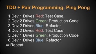 TDD + Pair Programming: Ping Pong
1.Dev 1 Drives Red: Test Case
2.Dev 2 Drives Green: Production Code
3.Dev 2 Drives Blue: Refactor
4.Dev 2 Drives Red: Test Case
5.Dev 1 Drives Green: Production Code
6.Dev 1 Drives Blue: Refactor
⇒ Repeat
 