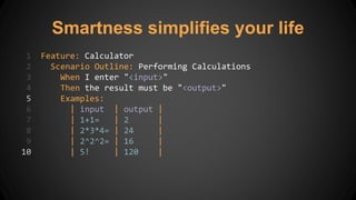 Smartness simplifies your life
1 Feature: Calculator
2 Scenario Outline: Performing Calculations
3 When I enter "<input>"
4 Then the result must be "<output>"
5 Examples:
6 | input | output |
7 | 1+1= | 2 |
8 | 2*3*4= | 24 |
9 | 2^2^2= | 16 |
10 | 5! | 120 |
 
