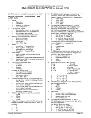 DVLSI CAT GUESS PAPER Page 1 of 1
CENTRE FOR DEVELOPMENT OF ADVANCED COMPUTING
Note: The inversion of any signal A is represented here as /A or A'
Section I : Question No 1 to 60 weightage 1 Mark
each (60 Marks)
1. 8085 is
1. Big endian
2. Little endian
3. Depends on instruction
4. None of the above
2. 8 bit computer means
1. 8 bit data line and any bit address line
2. 8 bit address line and any bit data line
3. 8 bit data and address line
4. not depend on data and address line
3. Recovery and Removal time is related to
1. Synchronous input
2. Asynchronous input
3. both inputs
4. None of the above
4. Slack is
1. Arrival Time – Recovery Time
2. Recovery Time - Settling time
3. Required time - Arrival Time
4. Arrival Time – Required Time
5. Clock Skew is
1. clock arrives at different components at
different time
2. clock arrives at same component at different time
3. clock arrives at different component at same time
4. None of the above
6. 5 bit Johnson counter will have
1. 16 states
2. 32 states
3. 8 states
4. 10 states
7. For Basic NOR latch circuit
1. both input should not be 1
2. both input should not be 0
3. both input should be 1
4. None of the above
8. A master-slave flip-flop has the characteristic that
1. change in the input is immediately reflected
in the output
2. change in the output occurs when the state
of the slave is affected
3. change in the output occurs when the state
of the master is affected
4. both the master and slave states are
affected at the same time
9. The band gap of silicon at room temperature is
1. 1.3 eV
2. 0.7 eV
3. 1.4 eV
4. 1.1 eV
10. A digital-to-analog converter with a full-scale output
voltage of 3.5V has a resolution close to 14mV. Its
bit size is
1. 4
2. 8
3. 16
4. 12
11. The 8085 assembly language instruction that
stores the content of H and L registers into the
memory location 2050H and 2051H, respectively is
1. SPHL 2050H
2. SPHL 2051H
3. SHLD 2050H
4. STAX 2050H
12. Consider the following statements S1 and S2.
S1: The Threshold voltage (VT) of MOS Transistor
decreases with increase in gate oxide thickness
S2: The Threshold voltage (VT) of MOS Transistor
decreases with increase in substrate doping concentration
Which one of the following is correct?
1. Both S1 and S2 are TRUE
2. Both S1 and S2 are FALSE
3. S1 is FALSE and S2 is TRUE
4. S1 is TRUE and S2 is FALSE
13. The impurity commonly used for realizing the base
region of a silicon n-p-n transistor is
1. Boron
2. Phosphorous
3. Gallium
4. Indium
14. A MOS transistor made up of p substrate is in the
accumulated mode. The dominant charge in the
channel is due to the presence of
1. positively charged ions
2. negatively charged ions
3. holes
4. electrons
15. Match item from Group 1 with Group 2
Group 1 Group 2
1. FM P. Slope Detector
2. DM Q. m-law
3. PSK R. Envelope detector
4. PCM S. Capture Effect
T. Hilbert Transform
U. Matched filter
1. 1-T, 2-P, 3-U, 4-S
2. 1-S, 2-P, 3-U, 4-Q
3. 1-S, 2-U, 3-P, 4-T
4. 1-U, 2-R, 3-S, 4-Q
16. The address in Program Counter (PC) register of
the 8086 after rebooting is
1. 0000FH
2. 00000H
3. FFFF0H
4. FFFFFH
17. Latch up is
1. caused due to parasitic thyristor
2. caused due to parasitic transistor
3. caused due to burn out
4. None of the above
18. Consider the following statement S1 and S2
S1: NAND gate have more symmetric high-to-low
and low-to-high delay
S2: NOR is faster than NAND
1. Both S1 and S2 are FALSE
2. Both S1 and S2 are TRUE
3. S1 is FALSE and S2 is TRUE
4. S1 is TRUE and S2 is FALSE
DVLSI CCAT GUESS PAPER for Jun-Jul 2013
 
