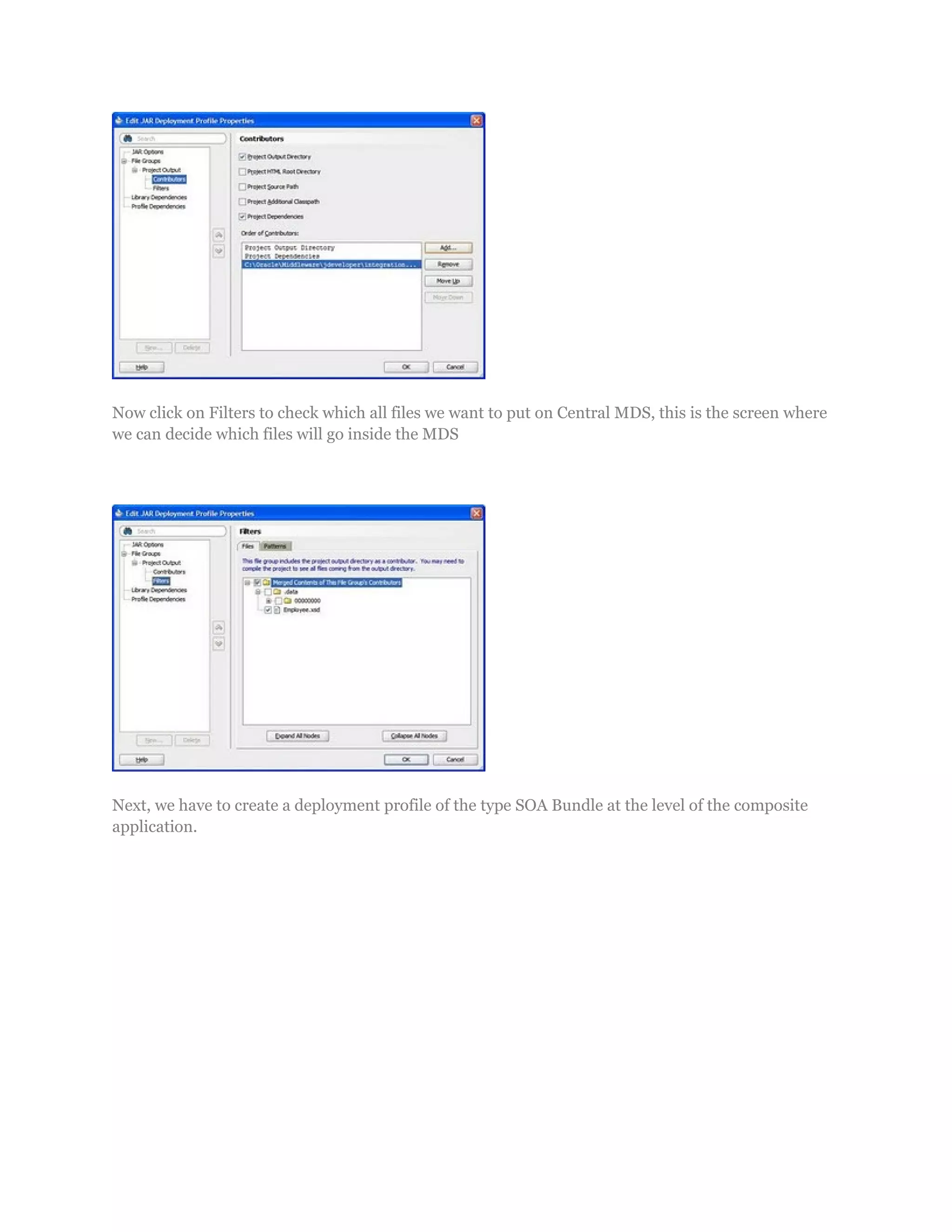 Now click on Filters to check which all files we want to put on Central MDS, this is the screen where
we can decide which files will go inside the MDS
Next, we have to create a deployment profile of the type SOA Bundle at the level of the composite
application.
 