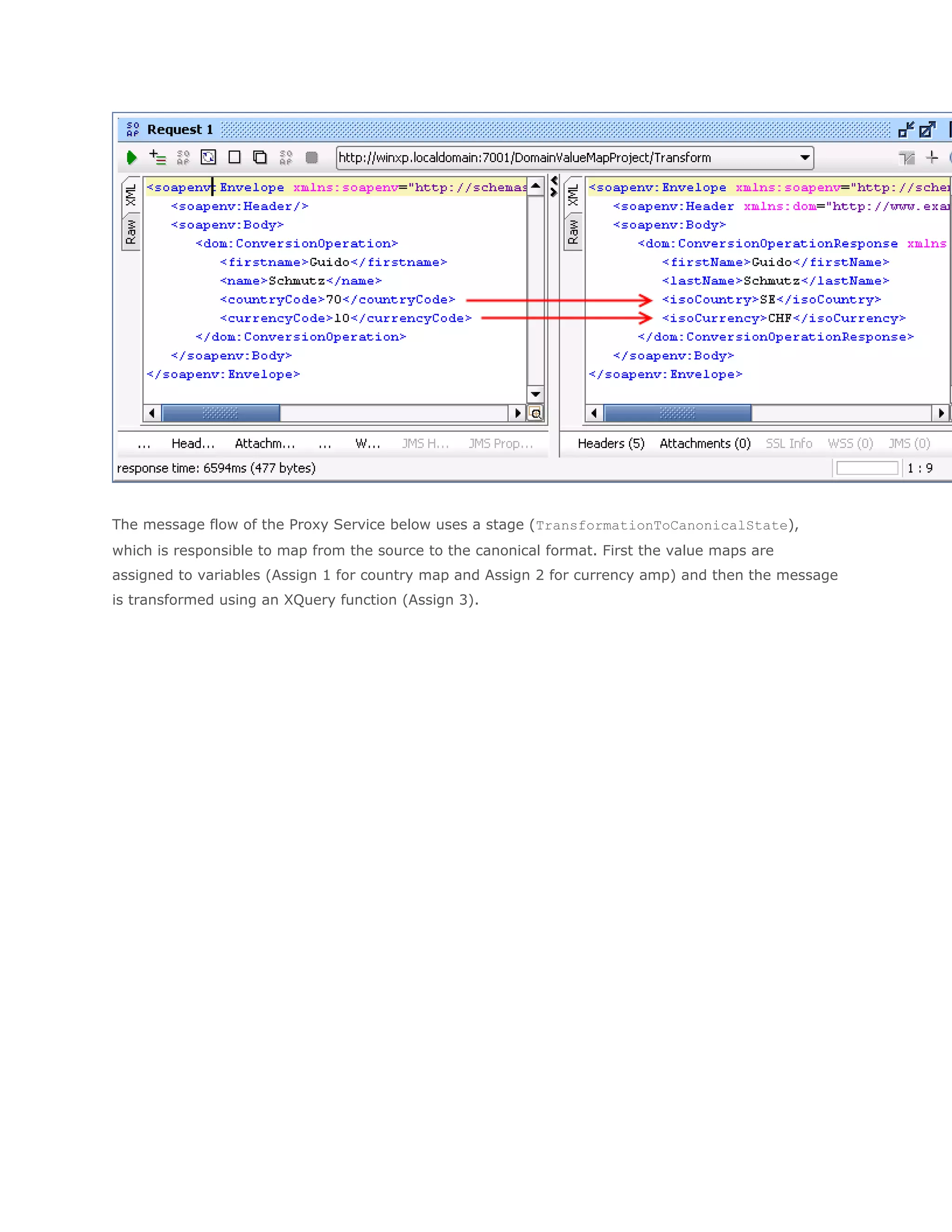 The message flow of the Proxy Service below uses a stage (TransformationToCanonicalState),
which is responsible to map from the source to the canonical format. First the value maps are
assigned to variables (Assign 1 for country map and Assign 2 for currency amp) and then the message
is transformed using an XQuery function (Assign 3).
 