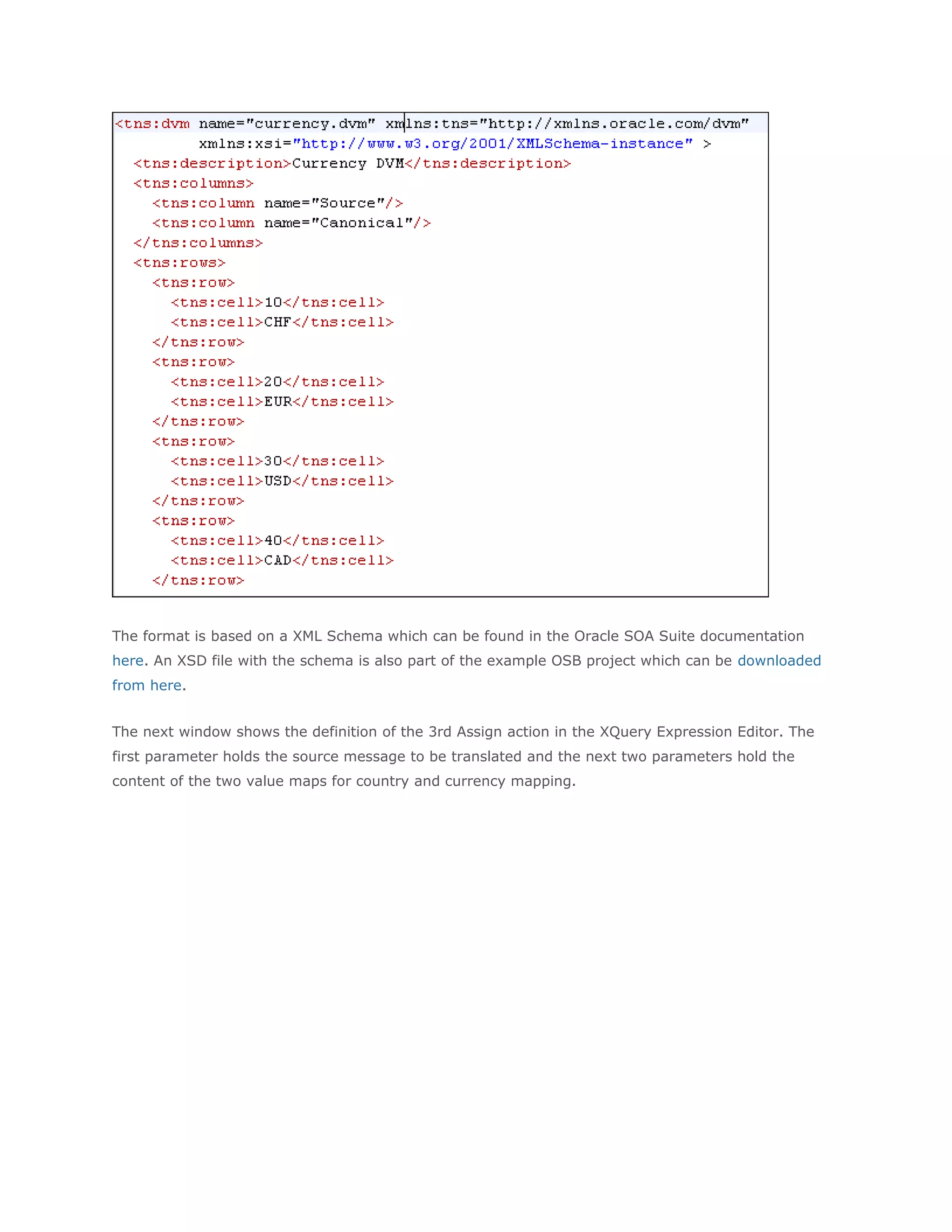 The format is based on a XML Schema which can be found in the Oracle SOA Suite documentation
here. An XSD file with the schema is also part of the example OSB project which can be downloaded
from here.
The next window shows the definition of the 3rd Assign action in the XQuery Expression Editor. The
first parameter holds the source message to be translated and the next two parameters hold the
content of the two value maps for country and currency mapping.
 