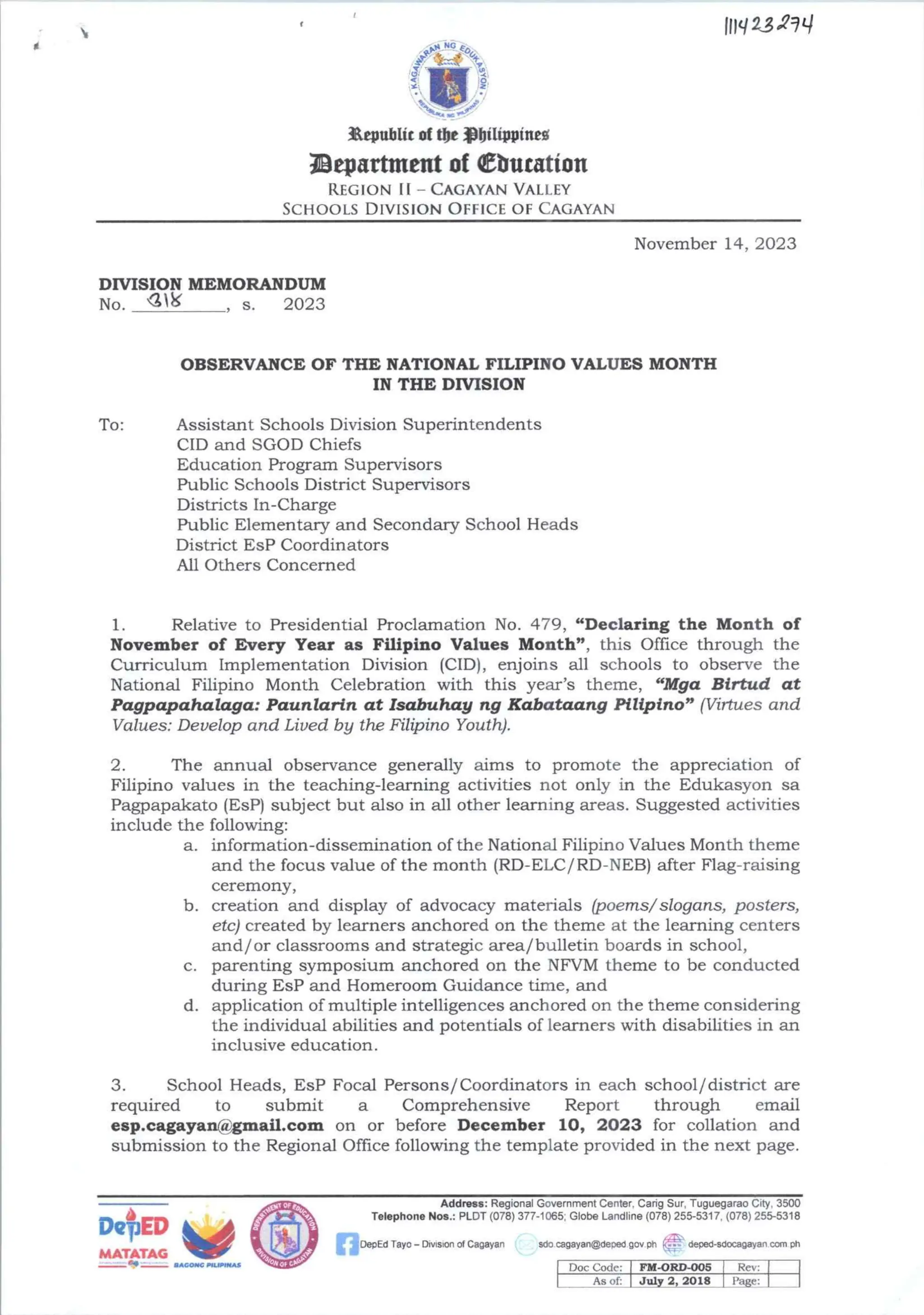 DVM NO. 318 S. 2023 OBSERVANCE OF THE NATIONAL FILIPINO VALUES MONTH IN ...