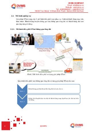 DVMS COMPANY
Email: info@dvms.vn
Website : www.dvms.vn
Tel: +84836028937 | +84835531145
150/30 Truc Street, 13 Ward, Binh Thanh District,HCM,Viet Nam
4 © DVMS
2.2. Mô hình nghiệp vụ:
Giải pháp STaxi cung cấp 2 mô hình điều phối taxi phục vụ 2 nhóm khách hàng mục tiêu
khác nhau: Khách hàng truyền thống gọi taxi thông qua tổng đài và khách hàng đặt taxi
qua ứng dụng di động.
2.2.1. Mô hình điều phối STaxi thông qua tổng đài
Hình 2 Mô hình điều phối sử dụng giải pháp STaxi
Quy trình điều phối taxi thông qua tổng đài sử dụng giải pháp STaxi như sau:
Bước 1
•Khách hàng gọi điện thoại đến tổng đài taxi yêu cầu xe.
Bước 2
•Nhân viên tổng đài dựa vào địa chỉ khách hàng cung cấp để tạo yêu cầu taxi trên
hệ thống .
 
