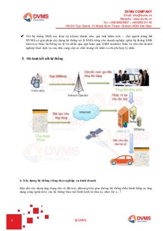 DVMS COMPANY
Email: info@dvms.vn
Website : www.dvms.vn
Tel: +84836028937 | +84835531145
150/30 Truc Street, 13 Ward, Binh Thanh District,HCM,Viet Nam
9 © DVMS
 Với hệ thống SMS xác thực tài khoản thành viên, gửi mật khẩu mới ... cho người dùng thì
DVMS có giải pháp xây dựng hệ thống xử lý SMS riêng cho doanh nghiệp (gồm hệ thống SMS
Gateway hoặc hệ thống xử lý tin nhắn qua app hoặc qua GSM modem) hoặc tư vấn cho doanh
nghiệp thuê dịch vụ của nhà cung cấp có chất lượng tốt nhất và chi phí hợp lý nhất.
5. Mô hình kết nối hệ thống
6. Xây dựng hệ thống riêng theo nghiệp vụ kinh doanh
Bạn cần xây dựng ứng dụng tìm và đặt taxi, phương tiện giao thông, hệ thống điều hành hãng xe ứng
dụng công nghệ mới, các hệ thống theo mô hình kinh tế chia sẻ, uber for x...?
 