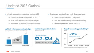 10| Investor Presentation
Updated 2018 Outlook
 U.S. oil production exceeding budget YTD
— On track to deliver 16% growth vs. 2017
— ~200 basis points above original budget
— No change to original 2018 capital outlook
 Positioned for significant cash flow expansion
— Driven by high-margin U.S. oil growth
— G&A and interest savings: ~$175 MM annually
— Generating free cash flow in 2H 2018
Rapidly expanding profitability(1)
($MM)
Maintaining capital discipline
Upstream capital ($B)
Light-oil volumes exceeding budget
U.S. oil production growth rates (retained assets)
Original Budget Current Outlook
+14%
(vs. 2017)
+16%
(vs. 2017)
Basis Points
+200
$600
$750
$900
Q1 2018 Q2 2018 Q3 2018e Q4 2018e
~35%
IMPROVEMENT VS Q1
(1) Represents Adjusted EBITDA and assumes $65 WTI & 2.75 HH in 2H 2018
$2.2–$2.4
CAPITAL BUDGET
NO CHANGE TO PLAN
 