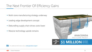 11| Investor Presentation
The Next Frontier Of Efficiency Gains
 Multi-zone manufacturing strategy underway
 Leading-edge development concept
 Debundling supply chain drives costs lower
 Massive technology upside remains
For additional information see our Q3 operations report.
$1 MILLION SAVINGS
PER WELL
ANACONDA
MULTI-ZONE PROJECT
 