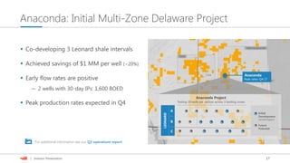 17| Investor Presentation
Anaconda: Initial Multi-Zone Delaware Project
 Co-developing 3 Leonard shale intervals
 Achieved savings of $1 MM per well (~20%)
 Early flow rates are positive
— 2 wells with 30-day IPs: 1,600 BOED
 Peak production rates expected in Q4
THISTLE/GAUCHO
Lea
Anaconda Project
Testing 19 wells per section across 3 landing zones
LEONARD
A
B
C
Initial
Development
(10-Well Program)
Future
Potential
For additional information see our Q3 operations report.
TODD
Anaconda
Peak rates: Q4 17
 