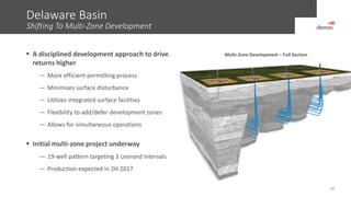 Delaware Basin
Shifting To Multi-Zone Development
18
 A disciplined development approach to drive
returns higher
— More efficient permitting process
— Minimizes surface disturbance
— Utilizes integrated surface facilities
— Flexibility to add/defer development zones
— Allows for simultaneous operations
 Initial multi-zone project underway
— 19-well pattern targeting 3 Leonard intervals
— Production expected in 2H 2017
Multi-Zone Development – Full Section
 