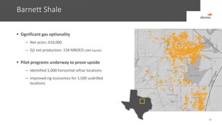 Barnett Shale
28
 Significant gas optionality
— Net acres: 610,000
— Q1 net production: 158 MBOED (28% liquids)
 Pilot programs underway to prove upside
— Identified 1,000 horizontal refrac locations
— Improved rig economics for 1,500 undrilled
locations
Wise
Parker
Johnson
Hood
Tarrant
Ft. Worth
Denton
Denton
 