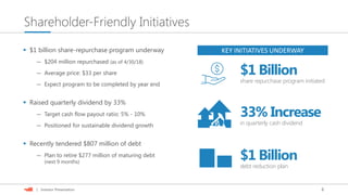 6| Investor Presentation
 $1 billion share-repurchase program underway
— $204 million repurchased (as of 4/30/18)
— Average price: $33 per share
— Expect program to be completed by year end
 Raised quarterly dividend by 33%
— Target cash flow payout ratio: 5% - 10%
— Positioned for sustainable dividend growth
 Recently tendered $807 million of debt
— Plan to retire $277 million of maturing debt
(next 9 months)
Shareholder-Friendly Initiatives
$1 Billion
share repurchase program initiated
KEY INITIATIVES UNDERWAY
33% Increase
in quarterly cash dividend
$1 Billion
debt reduction plan
 
