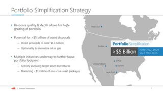 7| Investor Presentation
Portfolio Simplification Strategy
POTENTIAL ASSET
SALE PROCEEDS
Portfolio Simplification
>$5 Billion
STACK
Delaware Basin
Rockies
Heavy Oil
Barnett
Eagle Ford
 Resource quality & depth allows for high-
grading of portfolio
 Potential for >$5 billion of asset disposals
— Divest proceeds to date: $1.1 billion
— Optionality to monetize oil or gas
 Multiple initiatives underway to further focus
portfolio footprint
— Actively pursuing larger asset divestitures
— Marketing ~$1 billion of non-core asset packages
 