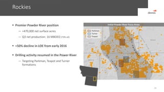 Rockies
29
Johnson
Campbell
Converse
Weston
Niobrara
Natrona
 Premier Powder River position
— ≈470,000 net surface acres
— Q3 net production: 16 MBOED (73% oil)
 ≈50% decline in LOE from early 2016
 Drilling activity resumed in the Power River
— Targeting Parkman, Teapot and Turner
formations
Parkman
Turner
Teapot
Initial Powder River Focus Areas
 