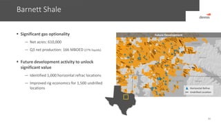Barnett Shale
30
Wise
Parker
TarrantFT. WORTH
Denton
DENTON
 Significant gas optionality
— Net acres: 610,000
— Q3 net production: 166 MBOED (27% liquids)
 Future development activity to unlock
significant value
— Identified 1,000 horizontal refrac locations
— Improved rig economics for 1,500 undrilled
locations Horizontal Refrac
Undrilled Location
Future Development
 