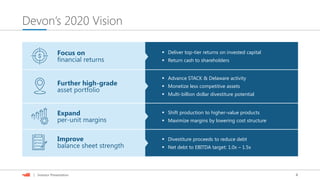 4| Investor Presentation
Devon’s 2020 Vision
 Advance STACK & Delaware activity
 Monetize less competitive assets
 Multi-billion dollar divestiture potential
Further high-grade
asset portfolio
Expand
per-unit margins
 Shift production to higher-value products
 Maximize margins by lowering cost structure
Improve
balance sheet strength
 Divestiture proceeds to reduce debt
 Net debt to EBITDA target: 1.0x – 1.5x
Focus on
financial returns
 Deliver top-tier returns on invested capital
 Return cash to shareholders
 