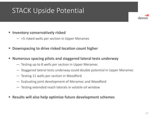 STACK Upside Potential
17
 Inventory conservatively risked
— ≈5 risked wells per section in Upper Meramec
 Downspacing to drive risked location count higher
 Numerous spacing pilots and staggered lateral tests underway
— Testing up to 8 wells per section in Upper Meramec
— Staggered lateral tests underway could double potential in Upper Meramec
— Testing 11 wells per section in Woodford
— Evaluating joint development of Meramec and Woodford
— Testing extended reach laterals in volatile oil window
 Results will also help optimize future development schemes
 