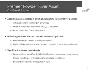 Premier Powder River Asset
23
 Acquisition creates largest and highest quality Powder River position
― Achieves scale in stacked‐pay oil fairway
― More than doubles position to ≈470,000 net acres
― Promotes PRB to “core” asset status
 Delivering some of the best returns in Devon’s portfolio
― Extended‐reach laterals boosting economics
― High‐quality crude and ample takeaway capacity drive strong realizations
 Significant resource opportunity
― Conservatively identified 1,300 risked locations (predominately 10,000’ laterals)
― Upside with tighter well spacing and unvalued formations
― Several billion barrels of resource in place
Combined Position
 