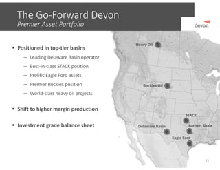 The Go‐Forward Devon
31
Heavy Oil
Rockies Oil
Barnett Shale
Eagle Ford
Delaware Basin
STACK
Premier Asset Portfolio
 Positioned in top‐tier basins
— Leading Delaware Basin operator
— Best‐in‐class STACK position
— Prolific Eagle Ford assets
— Premier Rockies position
— World‐class heavy oil projects
 Shift to higher margin production
 Investment grade balance sheet
 