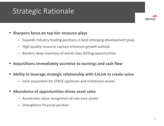 Strategic Rationale
5
 Sharpens focus on top‐tier resource plays
— Expands industry‐leading positions in best emerging development plays
— High‐quality resource capture enhances growth outlook
— Bolsters deep inventory of world‐class drilling opportunities
 Acquisitions immediately accretive to earnings and cash flow
 Ability to leverage strategic relationship with EnLink to create value
— Joint acquisition for STACK upstream and midstream assets
 Abundance of opportunities drives asset sales
— Accelerates value recognition of non‐core assets
— Strengthens financial position
 