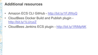 Additional resources
• Amazon ECS CLI GitHub - http://bit.ly/1FJfWyQ
• CloudBees Docker Build and Publish plugin -
http://...
