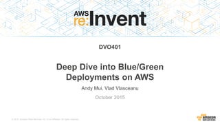 © 2015, Amazon Web Services, Inc. or its Affiliates. All rights reserved.
Andy Mui, Vlad Vlasceanu
October 2015
DVO401
Deep Dive into Blue/Green
Deployments on AWS
 