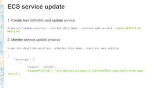 ECS service update
1. Create task definition and update service
$ aws ecs update-service --cluster dice-demo --service web...