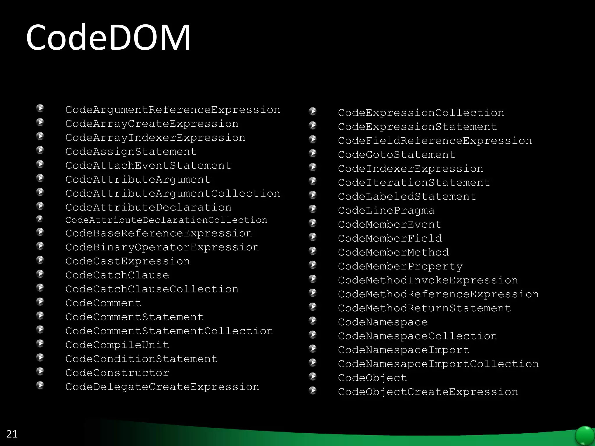 CodeDOM CodeArgumentReferenceExpression CodeArrayCreateExpression CodeArrayIndexerExpression CodeAssignStatement CodeAttachEventStatement CodeAttributeArgument CodeAttributeArgumentCollection CodeAttributeDeclaration CodeAttributeDeclarationCollection CodeBaseReferenceExpression CodeBinaryOperatorExpression CodeCastExpression CodeCatchClause CodeCatchClauseCollection CodeComment CodeCommentStatement CodeCommentStatementCollection CodeCompileUnit CodeConditionStatement CodeConstructor CodeDelegateCreateExpression CodeExpressionCollection CodeExpressionStatement CodeFieldReferenceExpression CodeGotoStatement CodeIndexerExpression CodeIterationStatement CodeLabeledStatement CodeLinePragma CodeMemberEvent CodeMemberField CodeMemberMethod CodeMemberProperty CodeMethodInvokeExpression CodeMethodReferenceExpression CodeMethodReturnStatement CodeNamespace CodeNamespaceCollection CodeNamespaceImport CodeNamesapceImportCollection CodeObject CodeObjectCreateExpression 
