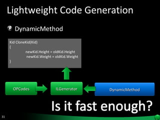 Lightweight Code Generation DynamicMethod Kid CloneKid(Kid) { newKid.Height = oldKid.Height   newKid.Weight = oldKid.Weight } DynamicMethod ILGenerator OPCodes 
